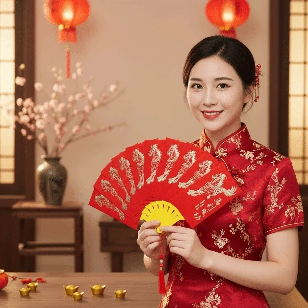 

Traditional Fan Design Red Envelope Year of The Horse 10 Cards Children's Money Bag Thickened Blessing Lucky Money Packet