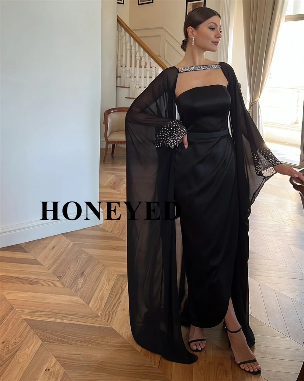 HONEYED Beads Luxury Formal Evening Dress Black Strapless Evening Dresses With Shawl Strapless Floor-Length Women Party Gowns