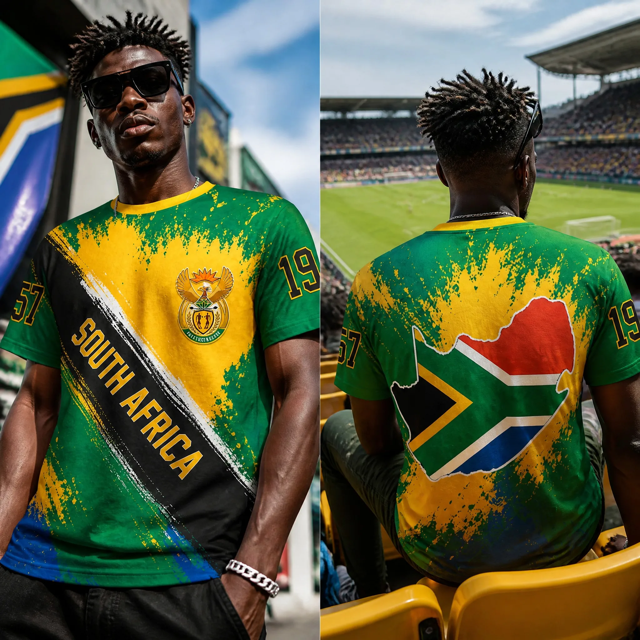 Mens South Africa Round Neck T Shirt Green Splash Flag Crest Print Casual Short Sleeve Streetwear Summer Graphic Top Fashion Fit
