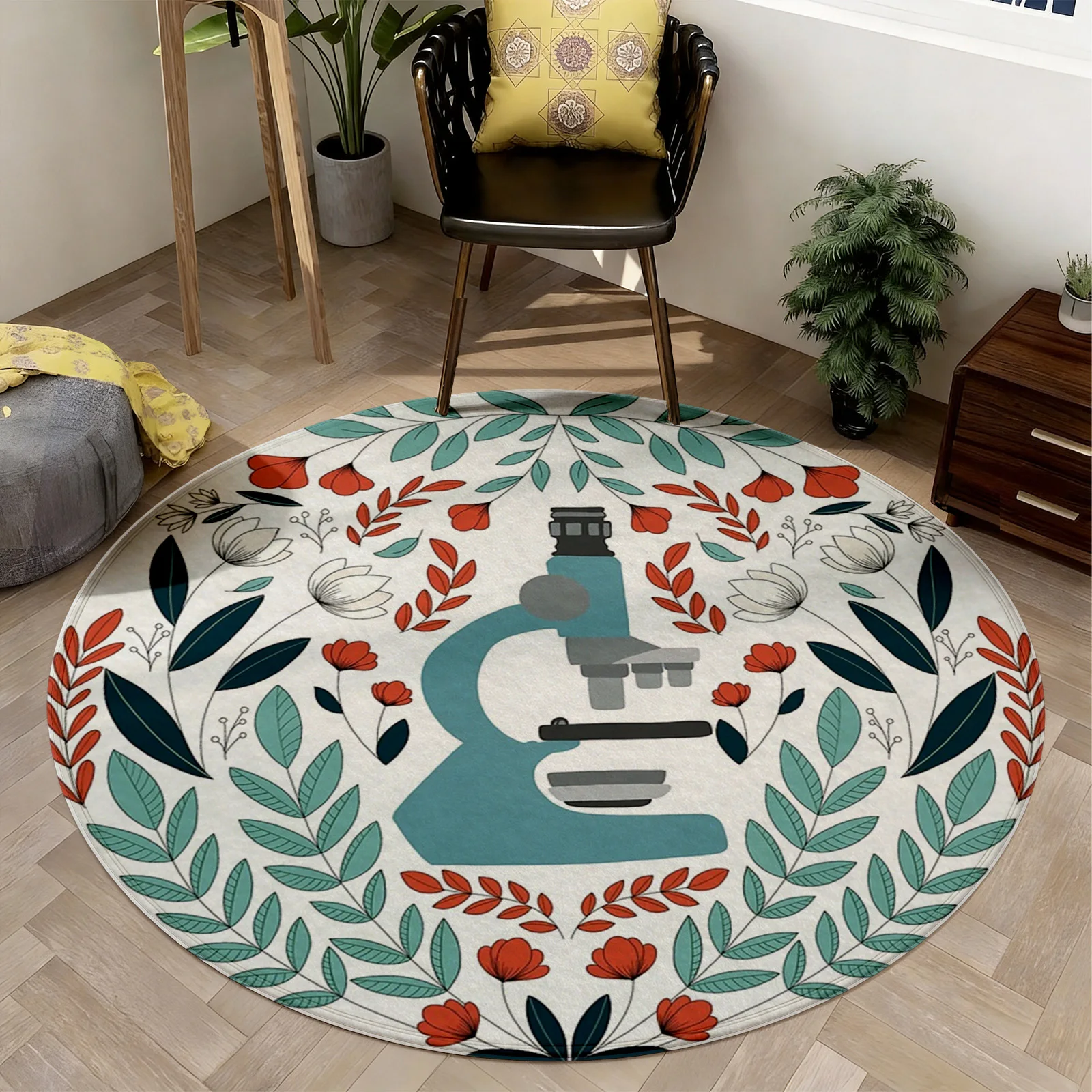 Scientific Microscope Botany Pattern Round Area Rug for Living Room Home Decor Modern Boho Floral Classroom Mat Flooring Carpet