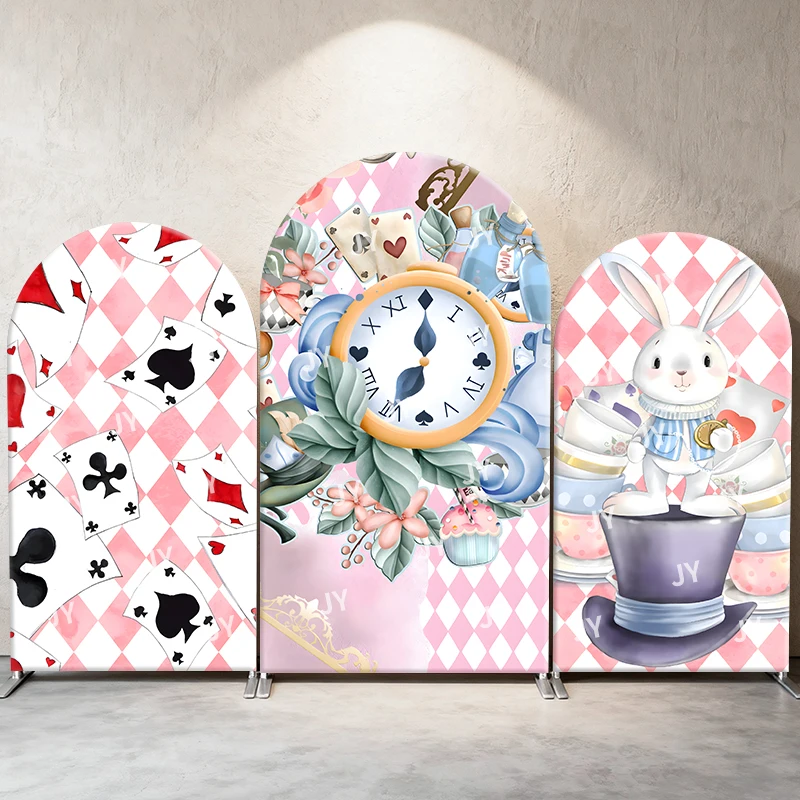 

Alice in Wonderland Arch Backdrop Cover Playing Cards Rabbit Photograph Background Party Decor for Kids Birthday Baby Shower