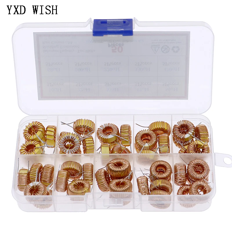 50pcs Toroid Core Inductor Kit 10uH 22uH 33uH 47uH 56uH 68uH 100uH 220uH 330uH 470uH Inductors Set Winding Magnetic Inductance