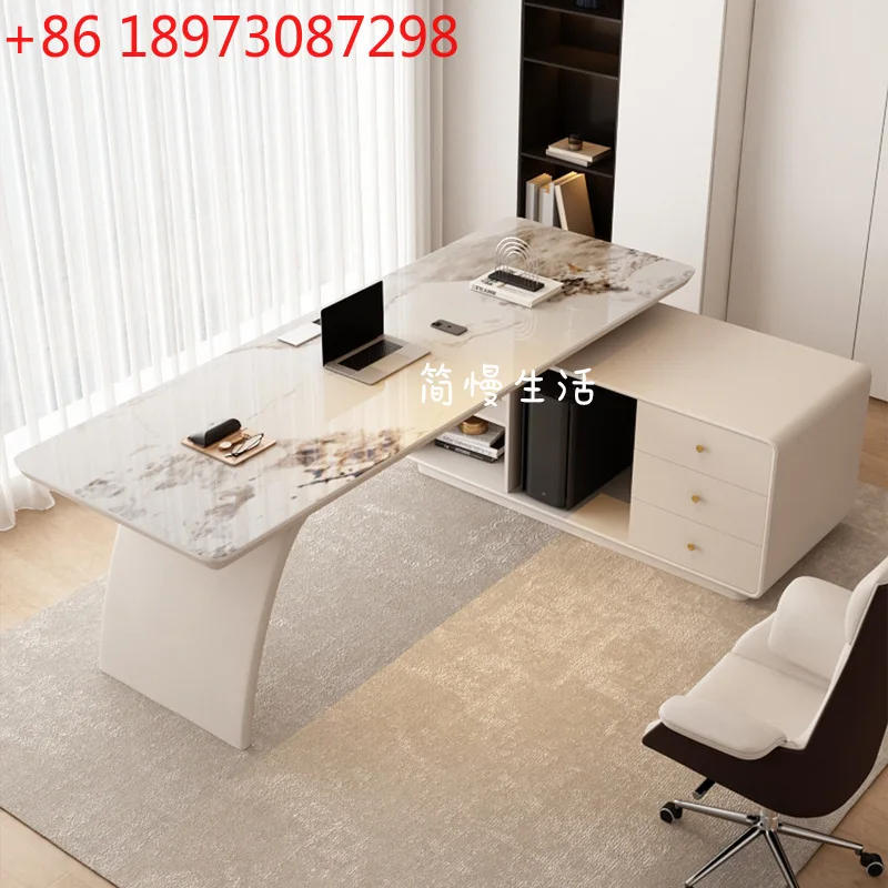 

Итальянский минималистичный кабинет, угловой стол из каменной плиты, офисный стол для босса, светлый роскошный