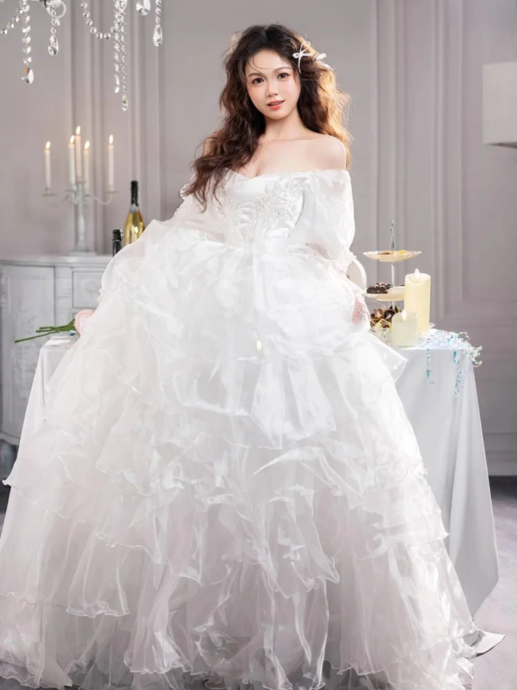 

White Wedding Dress Sweet Princess Style Birthday Photo Studio Korean System Personal Artistic Portrait Clothing