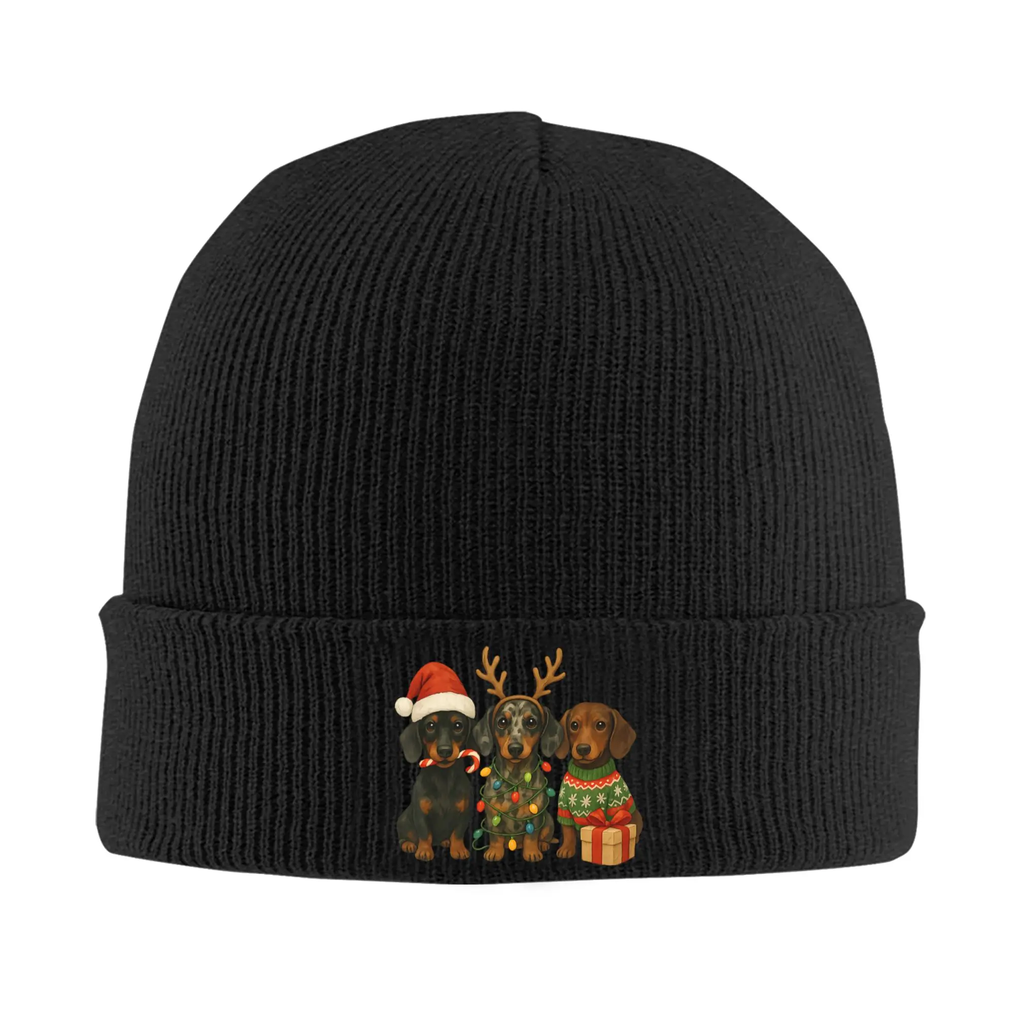 Dachshund Christmas Wiener Dog Santa Hat Knitted Hat for Women Men Beanies Autumn Winter Hat  Crochet Caps