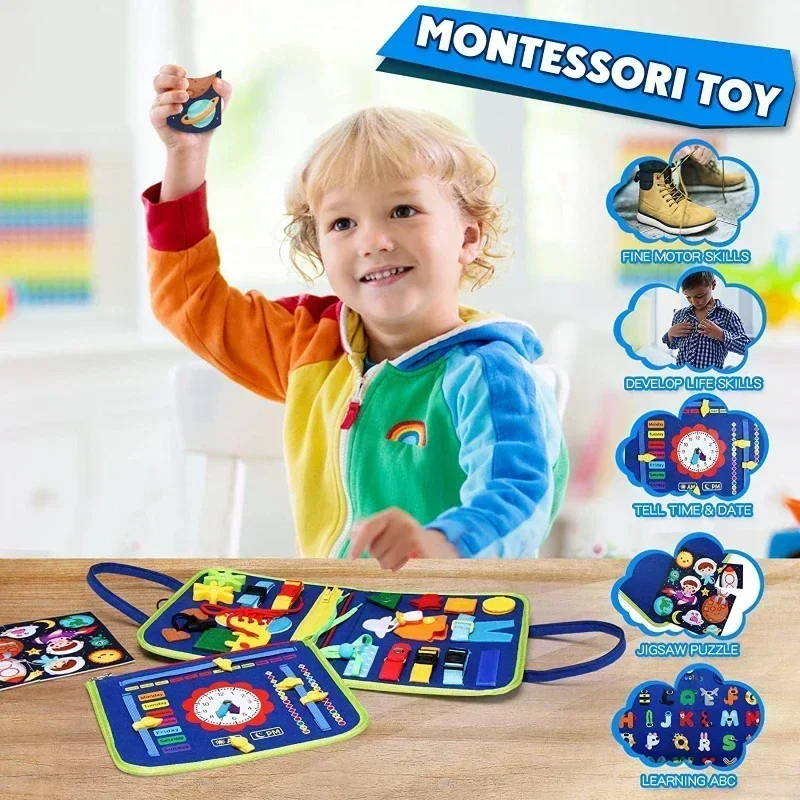 Montessori Busyboard Educacional para Crianças, Habilidades Básicas de Vida, Aprendendo Busy Board Toys, Malas Sensoriais, Toddlers Training Development