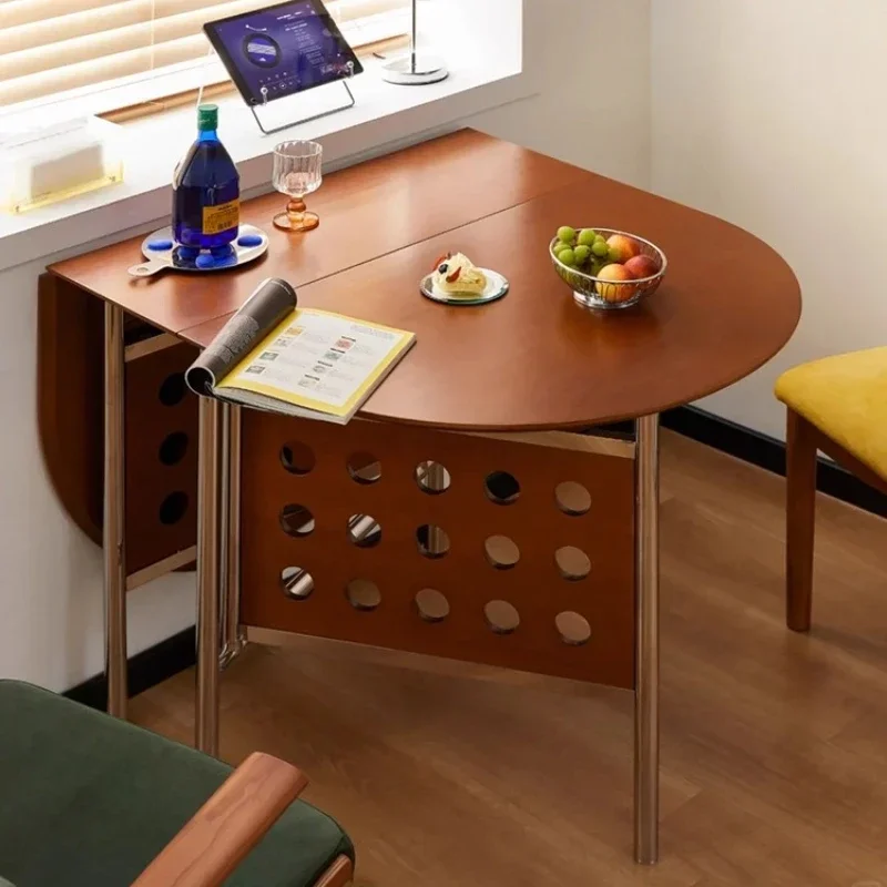 Home 304 Stainless Steel Solid Wood Folding Retractable Oval Dining Table Portable Corner Tables Dining Room Furniture Round