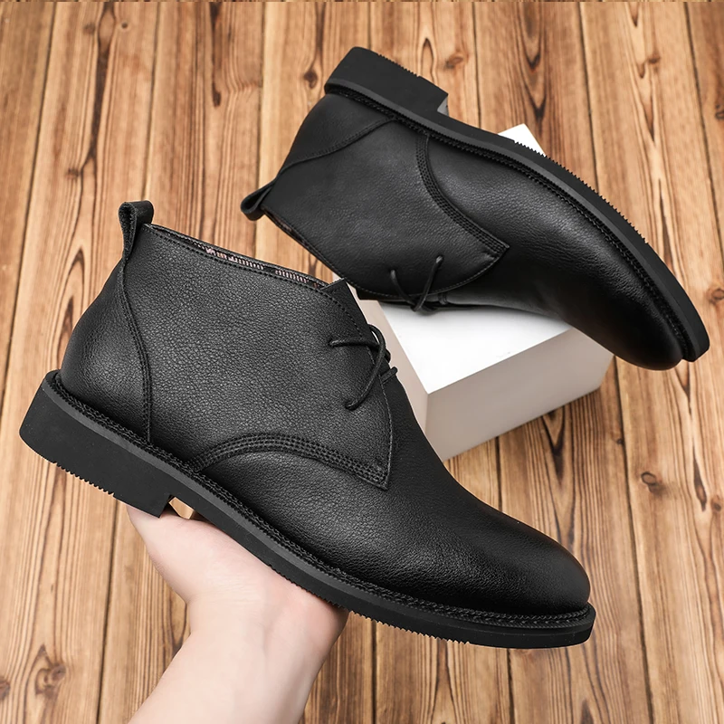 Hot Selling Men\'s Ankle Boots in Europe America Lace Up High Top Shoes Conference Dress Shoes Men\'s Genuine Leather Boots