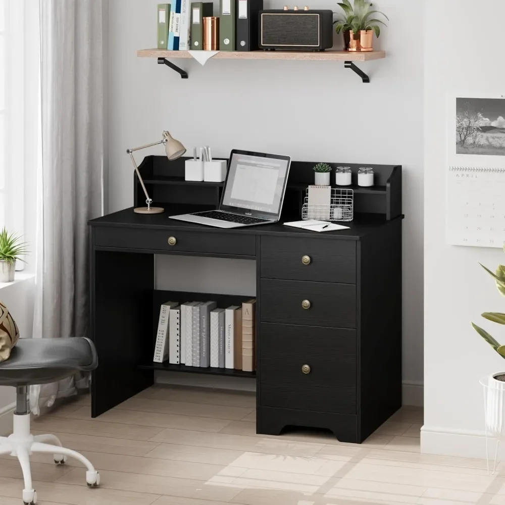 

Computer Desk with Drawers and Hutch Shelf, Wood Executive Desk with 43” Wide Tabletop, Small Desk with File Drawer