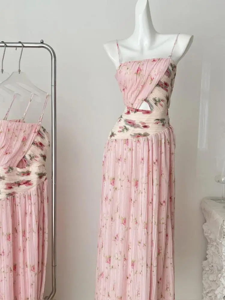 

Женское сексуальное вечернее платье без рукавов с открытой спиной, богемное летнее милое розовое элегантное плиссированное длинное платье с цветочным принтом