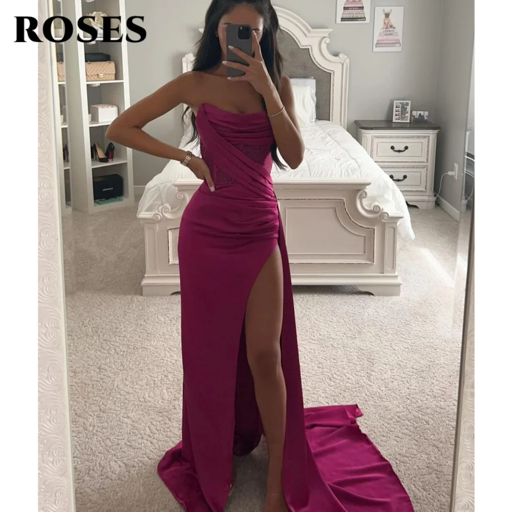 

ROSES Fuchsia Elegant Prom Dress Strapless Backless Evening Party Dress with Fishbone Satin Side High Split Prom Gown Customized