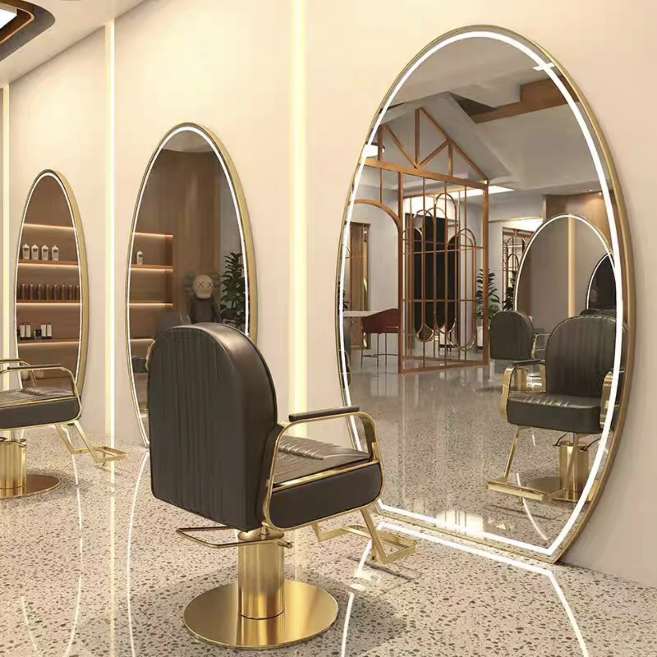 

Large Full Length Gold Styling Barber Salon Furniture Wall Ounted Hairdressing Makeup Led Beauty Salon Mirror