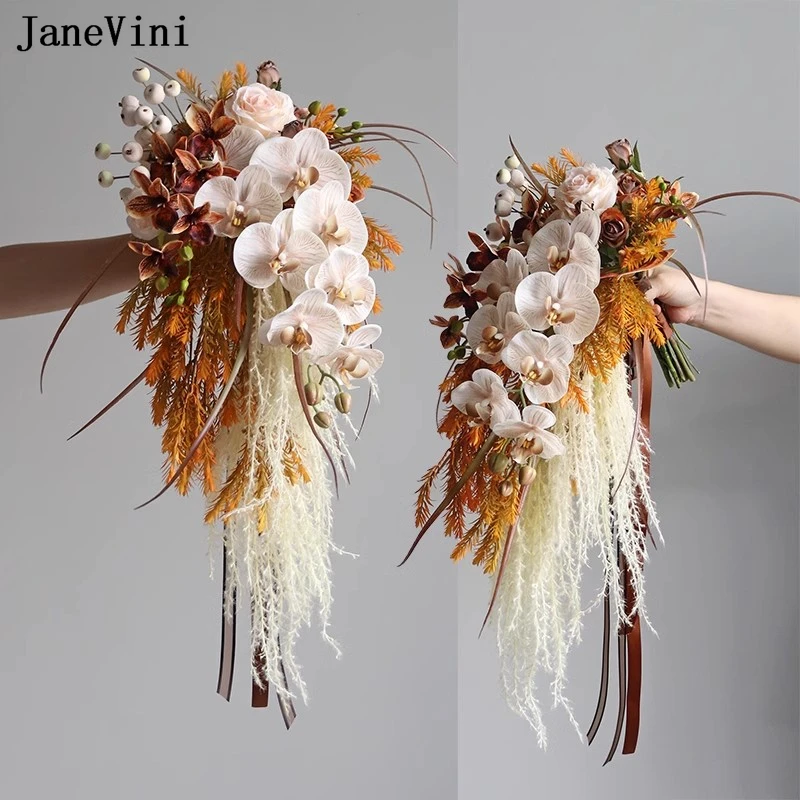 JaneVini Vintage Waterfall Bridal Bouquets Wedding Flowers Artificial Butterfly Orchid Cascading Bouquet Accessories for Bride