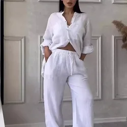 Two Piece Sets Loose Long Sleeve Shirts Wide Leg Pants 2 Piece Set Fashion Women Spring Autumn Office Shirts Pant Suit Outfites