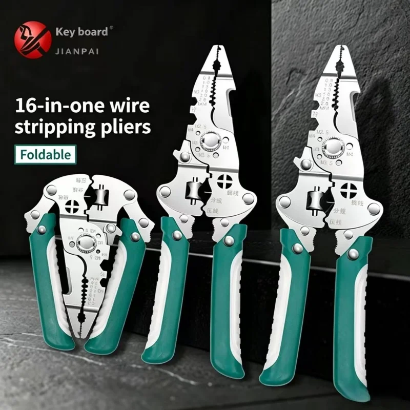 Alicates Pelacables Plegables 16 en 1, Grado Industrial, Profesionales para Electricistas, Herramienta Manual Multifuncional para Cortar y Crimpar Cables