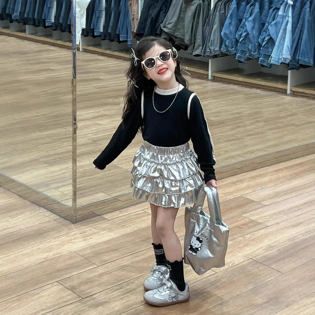 

Girls Spring Autumn Korean Version of Jazz Street Dance Performance Suit Color Matching Soft Waxy T-shirt Top Silver Cake Skirt