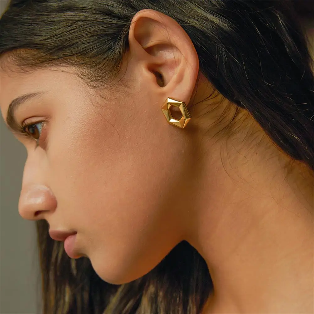 Minimalist Hollow Geometric Symmetry Gold Color Earrings Waterproof Chunky Star Ear Hoops PVD Huggie Vintage Jewelry Rust Proof - view 6