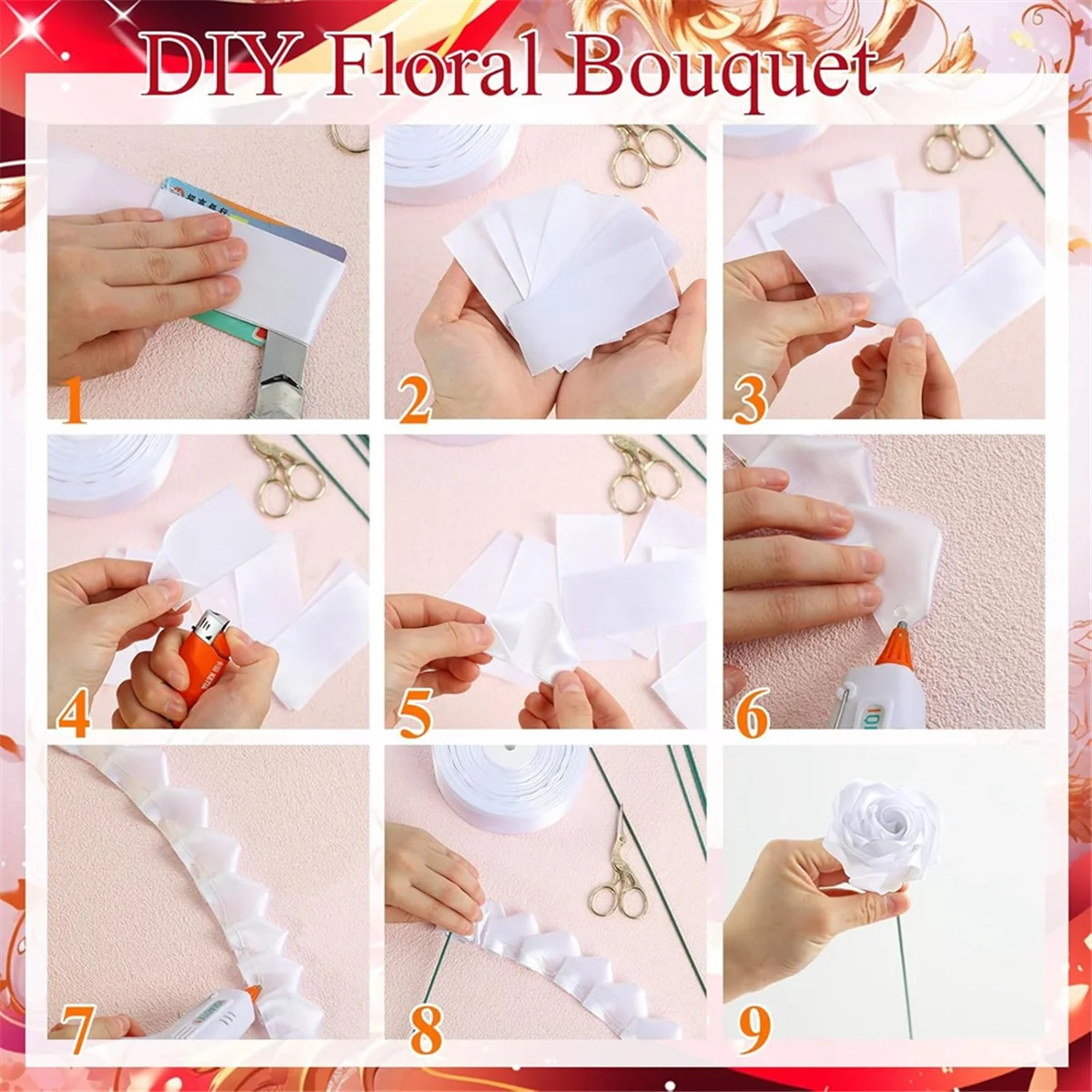 A79G 74 ชิ้น DIY ประดิษฐ์ดอกกุหลาบช่อดอกไม้ริบบิ้นปลอมดอกไม้ช่อดอกไม้ 1-1/2 นิ้วซาตินริบบิ้นทองขอบห่อกระดาษสีขาว
