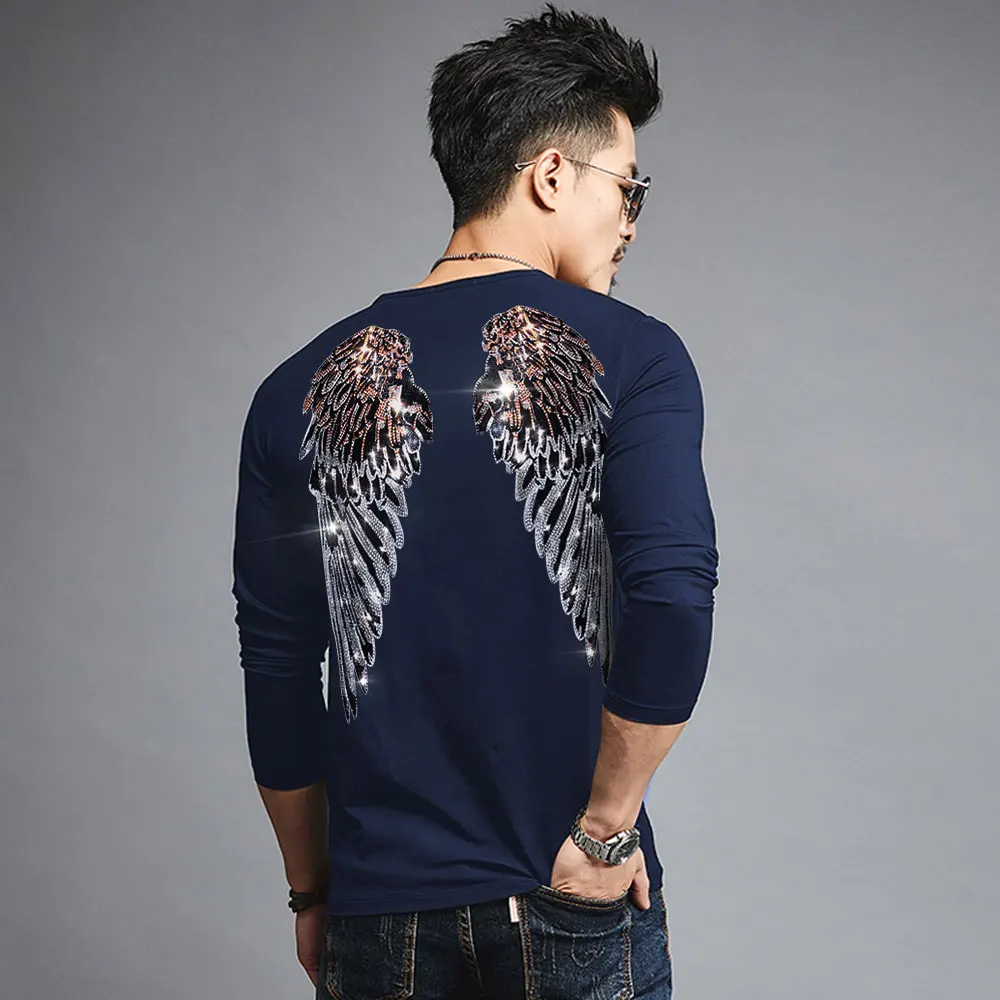 New Men Rhinestone Wings T Shirt Man\'s Casual Pullover Tshirt Male Streetwear Hip Hop Tees Shirt Outerwear Stage Clothing