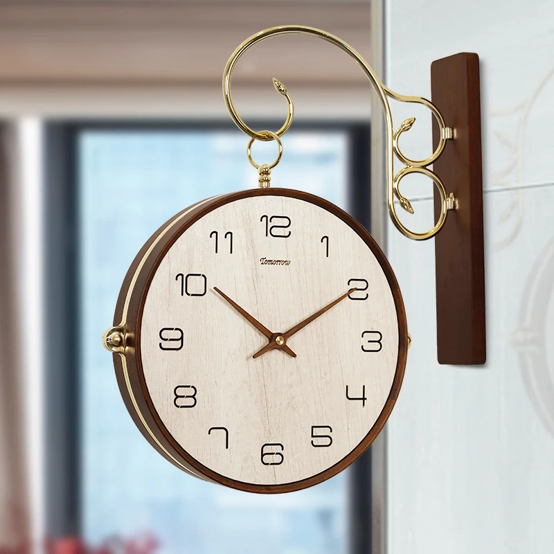

New Chinese-style simple double-sided clock, living room household solid wood wall clock, light luxury modern walnut two-sided w