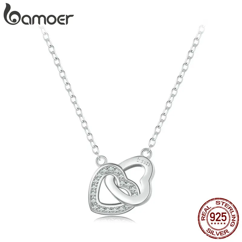 

Bamoer Double Heart Pendant Necklace 925 Sterling Silver Unique Double Heart Design Zircon Pendant Necklace Women Fine Jewelry