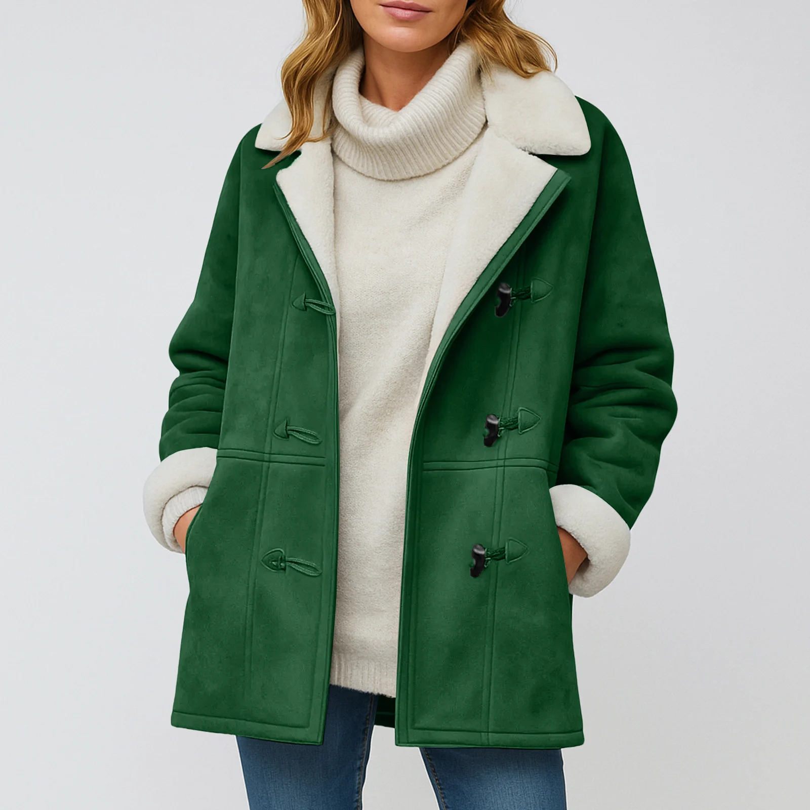 

Women'S Suede Jacket Fashionable Autumn And Winter Solid Color Top Lapel Long Sleeve Button Loose Warm Casual Daily Home Wear