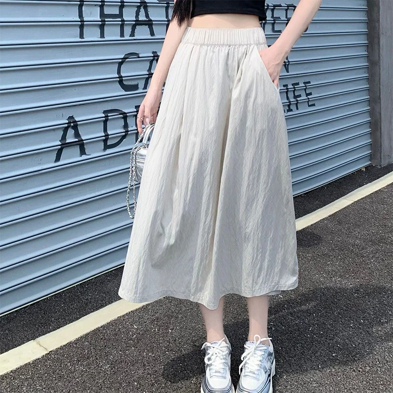 Vintage Folds Women Long Skirts Summer Thin Elastic High Waist Pockets Pleated Skirt 2025 Casual All-Match A-Line Solid Skirts