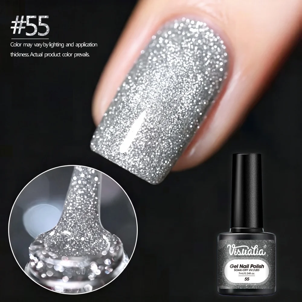 Visuatia # 55 Silver Glitter Gel Polish 7ml, salon-grade ultra-shiny nail polish. Fine shimmering powder texture, can be applied thinly or thickly to achieve different levels of shine. Soaking nail polish remover is gentle and does not damage the nails. It can be applied all over or used for local embellishments. It is suitable for both short and long nail types and is a must-have for nail enthusiasts and nail salons.