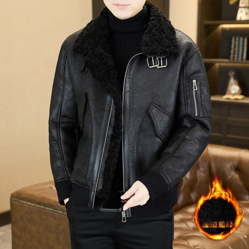 

2025 New Men's PU Leather Jaet Faux Leather Biker Sle Winter Warm ort Sve Flip Collar Coat with Fce Inner