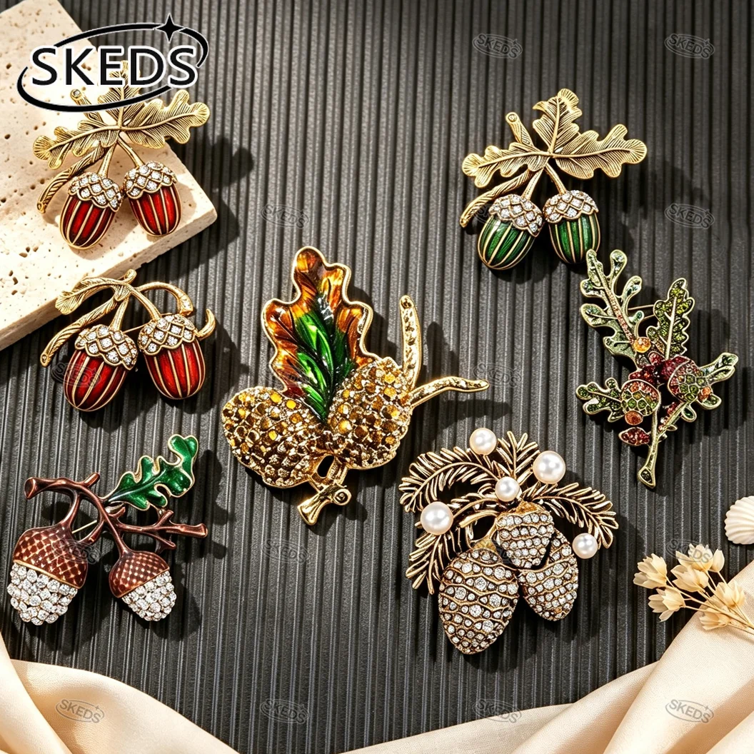 SKEDS Herbst-Dankesbrosche mit Eichel und Tannenzapfen, Vintage Eichenblatt-Anstecknadel, Herbstsaison-Pflanzenbadge, Damen-Kleidungsdekoration, Schmuck