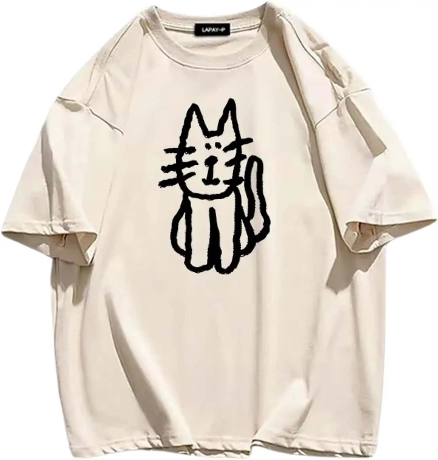 Unisex Casual Street Cotton Crew Neck Cartoon Cat Print Half Sleeve Loose T-Shirt