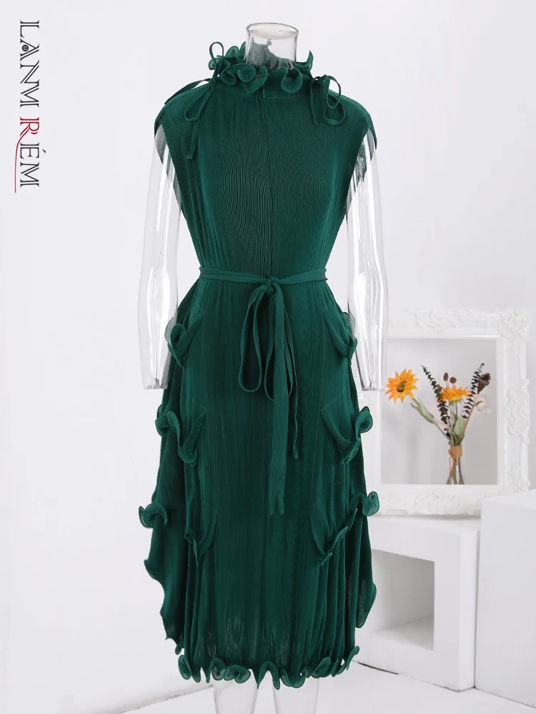 

LANMREM Spliced Irregular Pleated Dress For Women Solid Color High Waist A-line Belt Dresses Fashion Clothing 2024 New 32D372