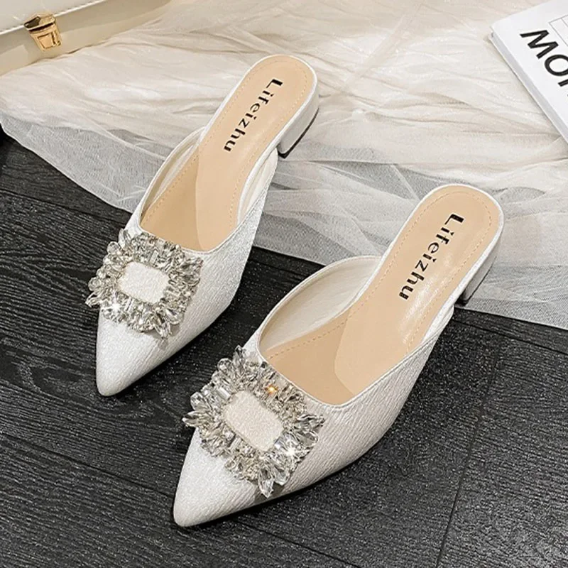 New Women 3.5cm High Heels Sexy Nightclub Slides Lady Luxury Bling Crystal Square Buckle High Heels Female Fashion Outside Mules