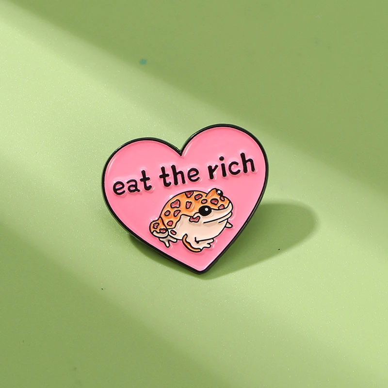 Cute Toad Heart Pins Pink Enamel Eat The Rich Brooches Cheap Clothing Bag Hat Jewelry Decoration Wholesale