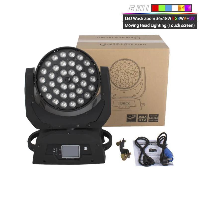 2 ชิ้น/ล็อต LED ซูม 36x18W RGBWA + UV สี DMX Stage หน้าจอสัมผัส LED Moving Head Wash Light ดีสําหรับ DJ Disco Party และคลับ