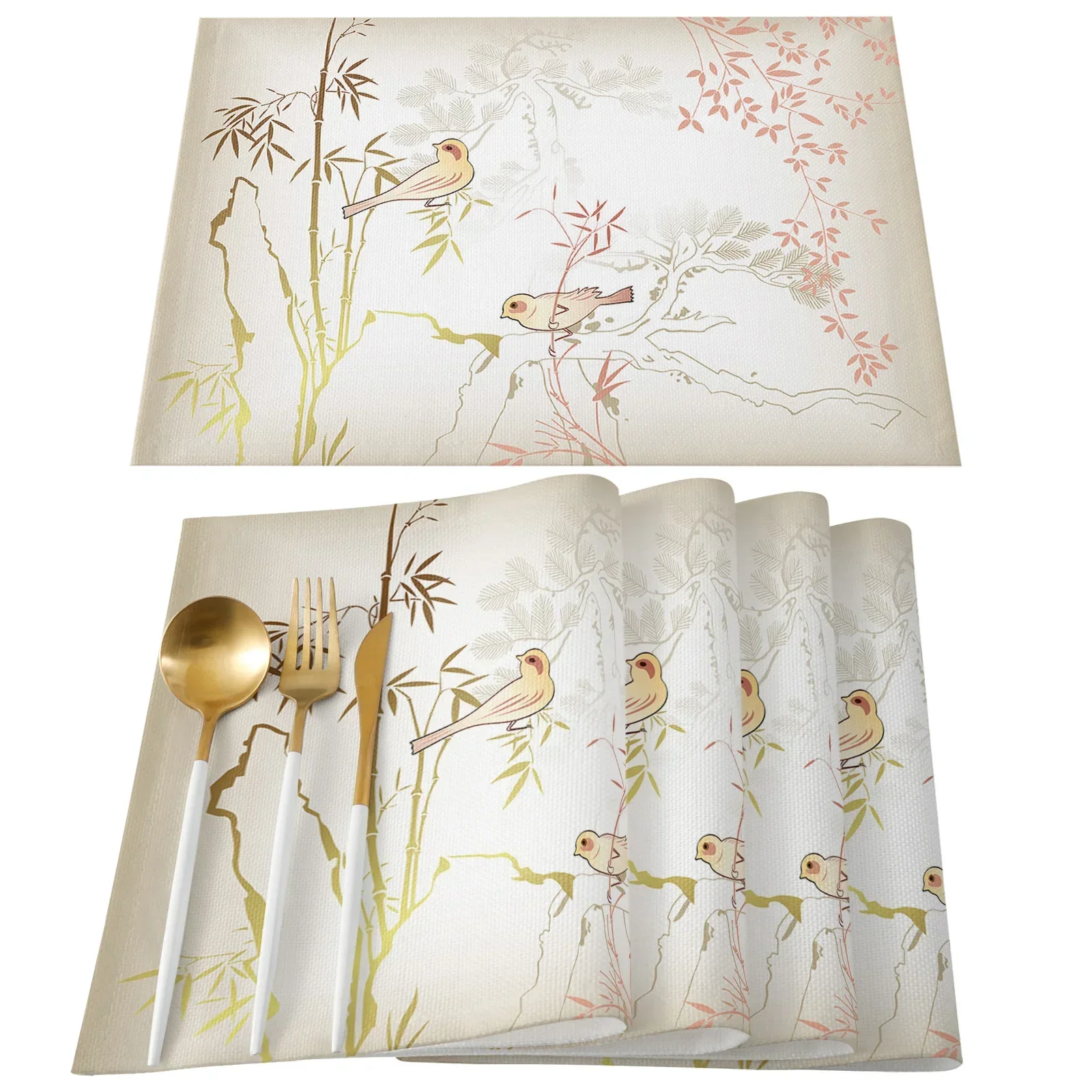 National Style Bamboo Bird Branch Placemat Wedding Party Dining Decor Linen Table Mat Kitchen Accessories Table Napkin 4PCS