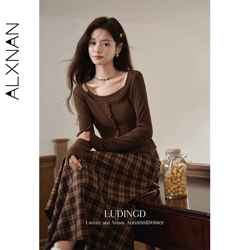 ALXNAN المرأة تنورة الخريف جديد خمر منقوشة تنورة طويلة ملفوفة الاتجاه 2025 أنيقة غير النظامية هيم متقلب ميدي التنانير L569117