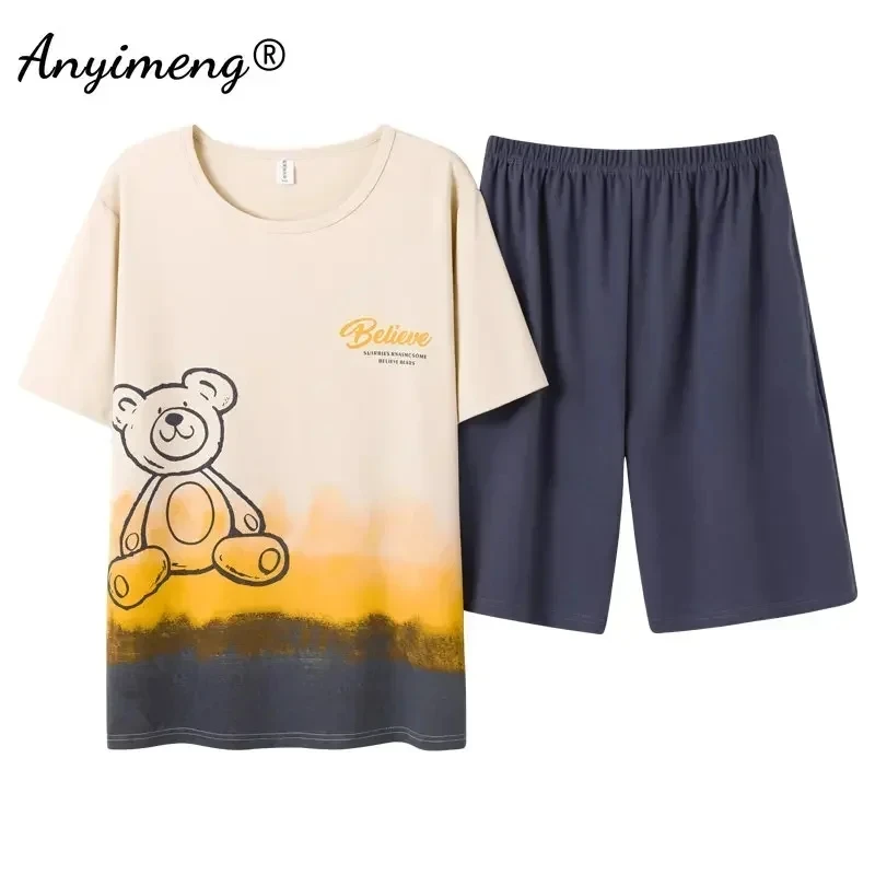 Conjunto de Pijamas de punto para hombre, ropa de dormir de algodón con estampado de oso Kawaii, L-3XL de ocio, pantalones cortos de manga corta,