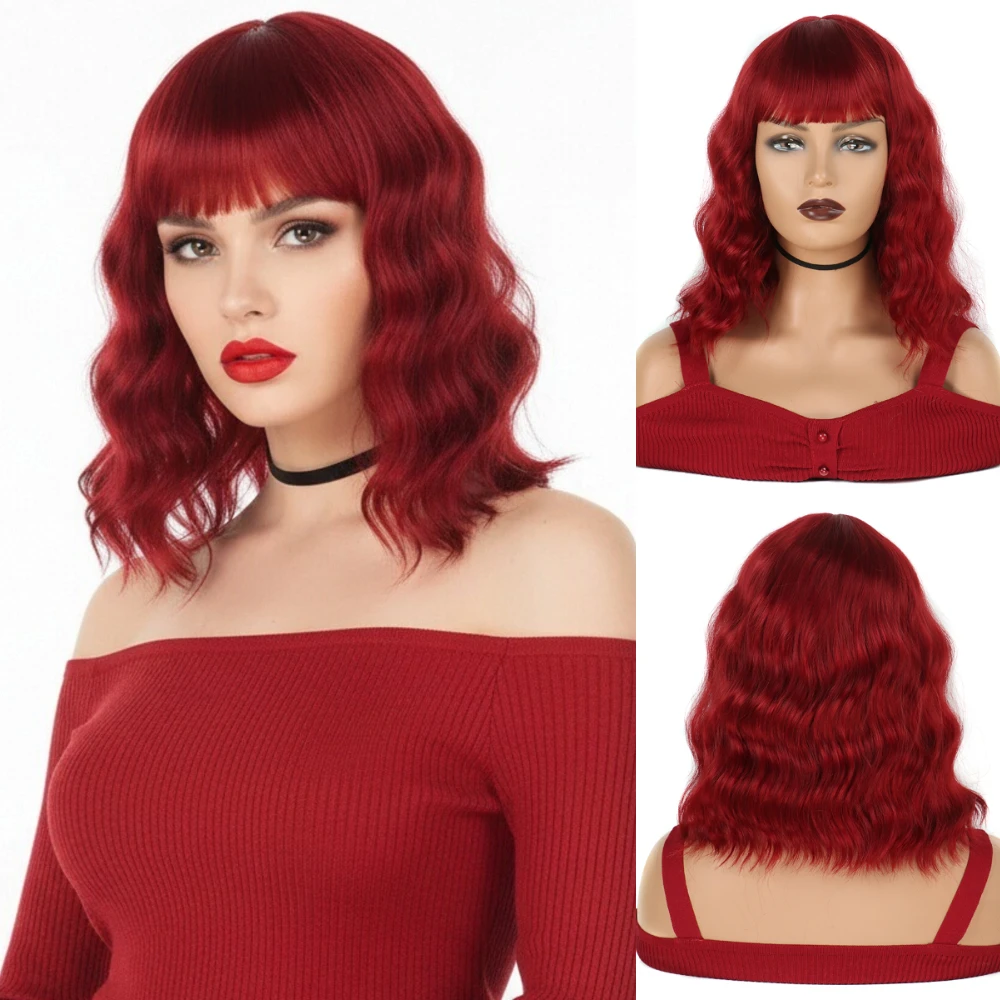 

Heat Resistant Red Wavy Synthetic Wig With Bang for Women Daily Wear Halloween Party