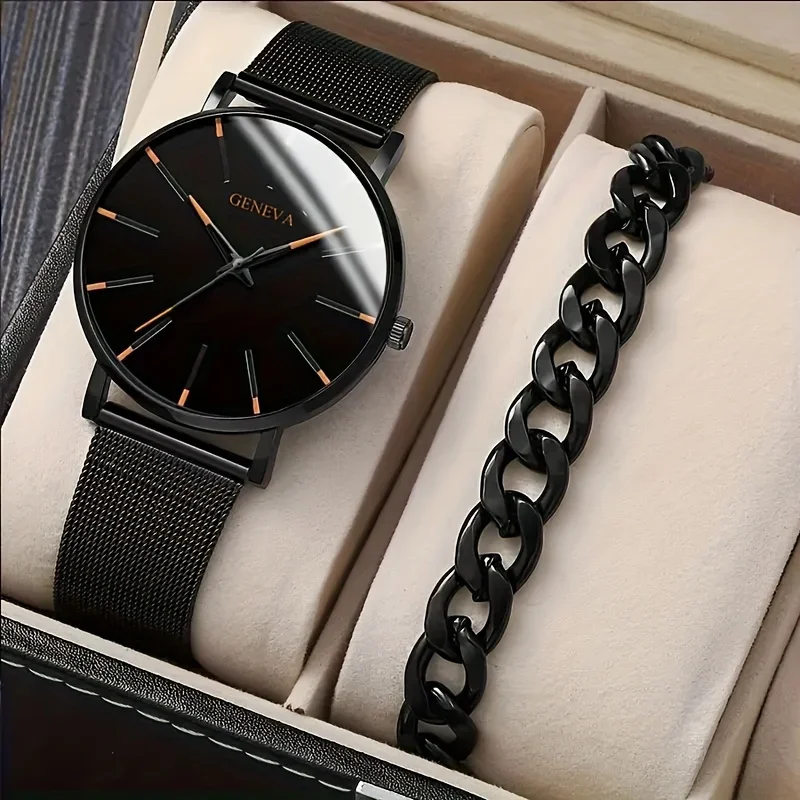 1pc Minimalist Men's Fashion Ultra-thin Stainless Steel Mesh Band Quartz Watch & 1pc Bracelet
