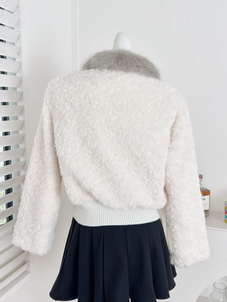 Inverno coreano moda curto falso shearling jaqueta feminina solto ajuste manga longa quente casaco macio gola de pele estilo doce chiques topos