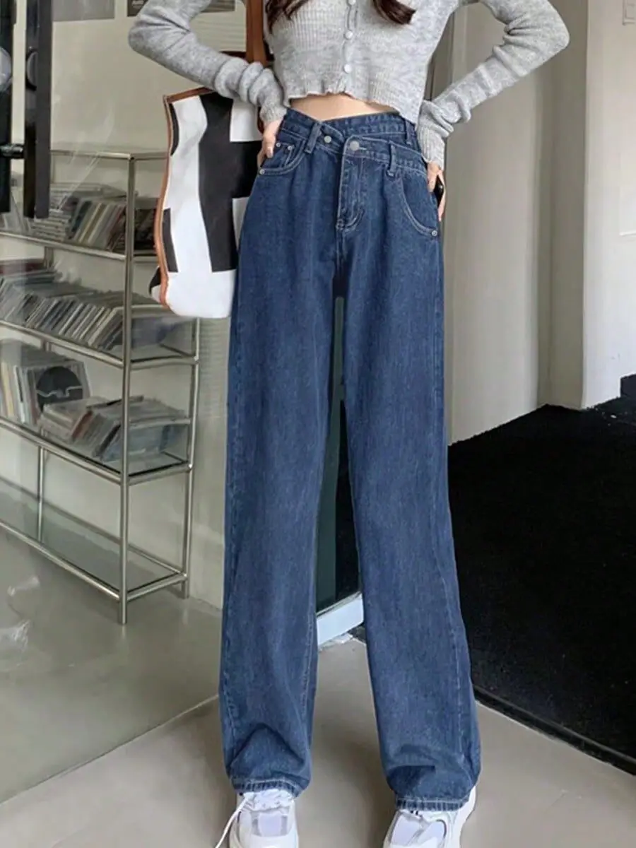 

High Waist Wide Leg Jeans Women's Cross Design Floor Length Vintage Straight Cut Summer Chic Denim Trousers Female Fashion