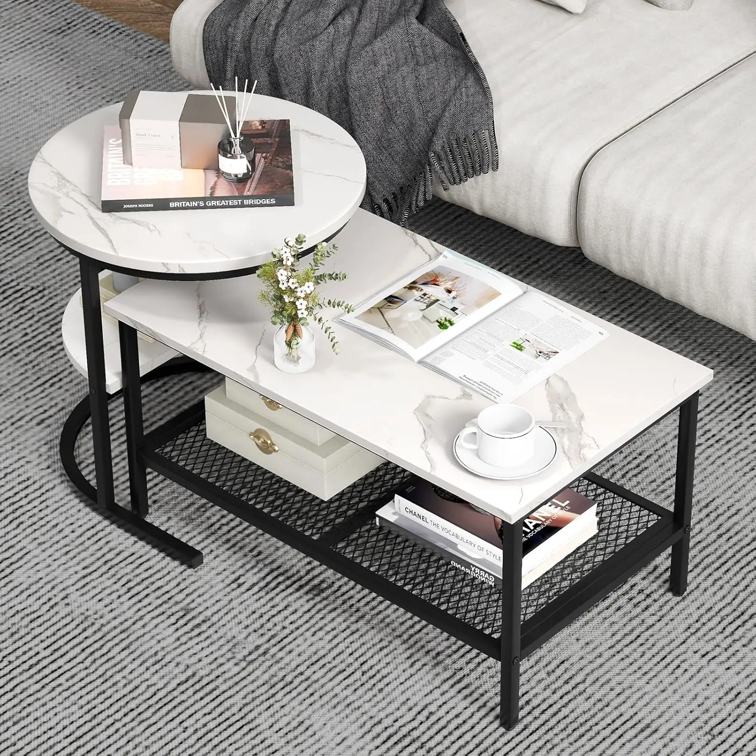 

Modern Nesting Coffee Table Set Storage Shelf Faux Marble Top 31.5"&20.5" Living Room Apartment Bedroom, Customized