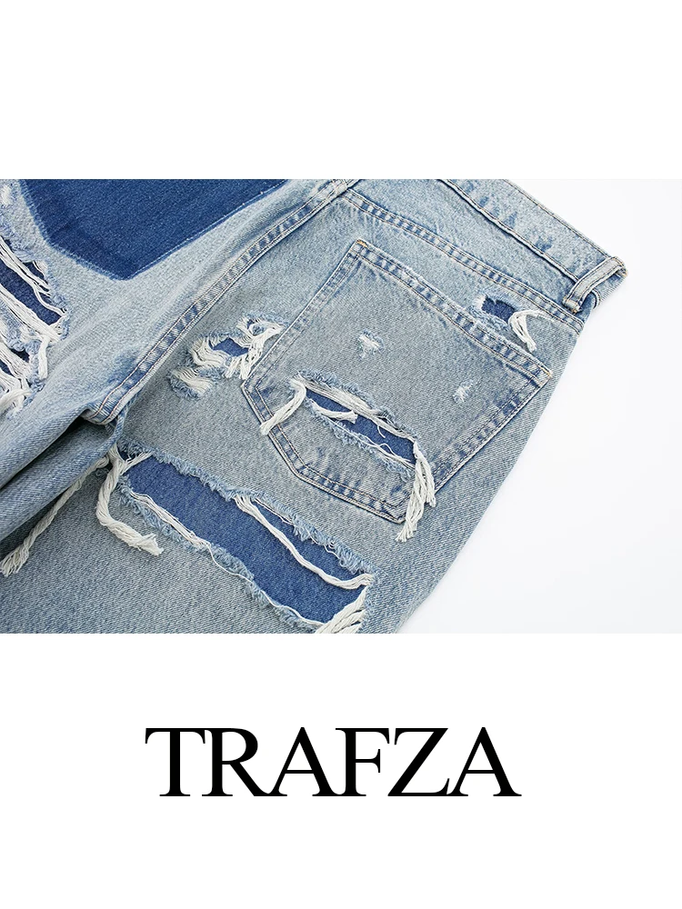 TRAFZA 2024 Fashion Women High Waist Blue Denim Trouser Patchwork Pants Distressed Ripped Jeans Long Pants High Street Y2k Style