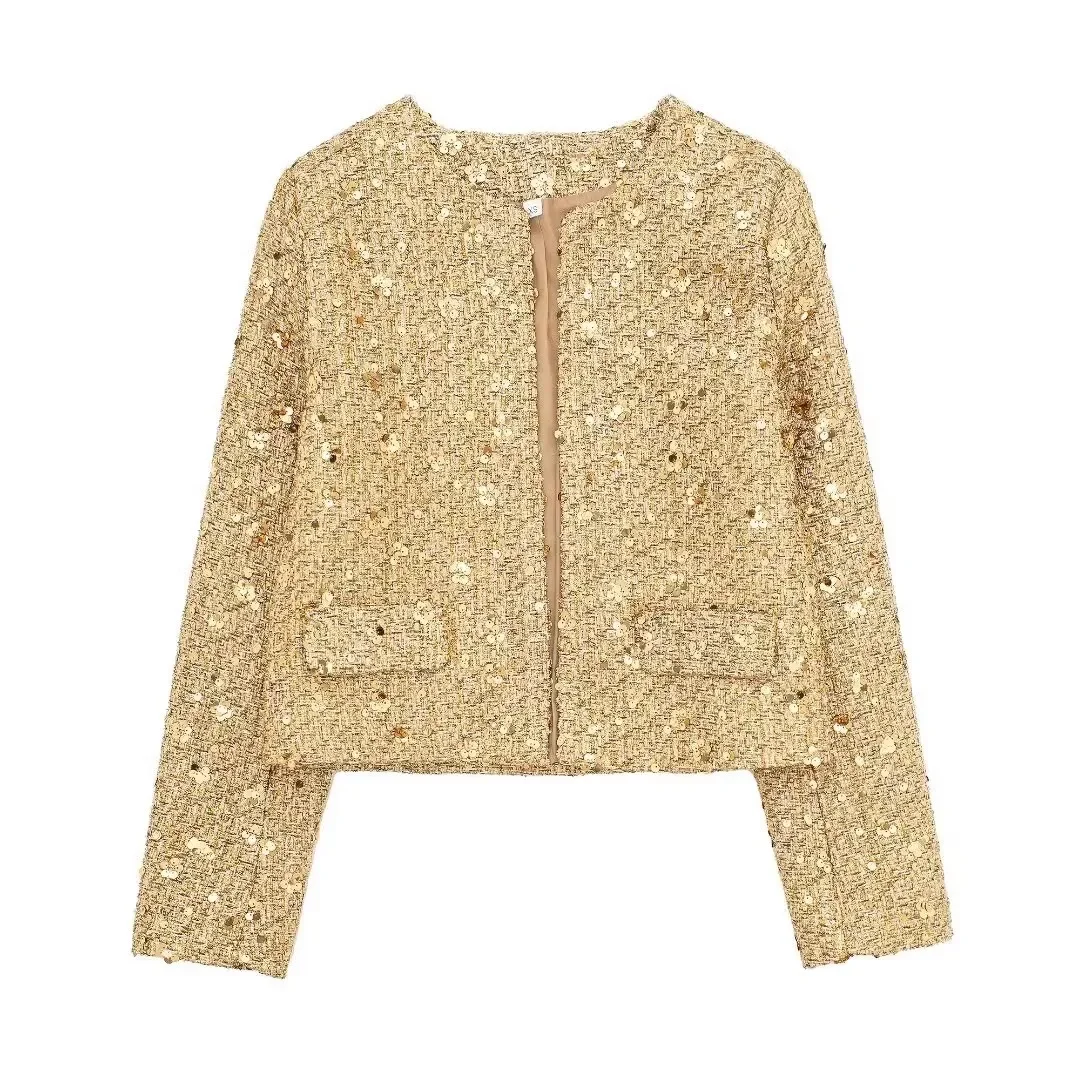 Suninheart Cappotto da giacca con paillettes da donna autunno 2024 Cappotto da giacca con paillettes a maniche lunghe di lusso a punto aperto