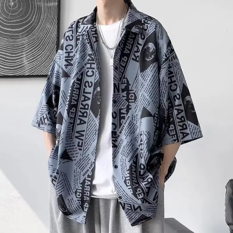 American Style Ice Silk Shirt Men Summer Trend Short Sleeve Design Thin Outerwear Standard Fit Printed Casual Shirt for Youth