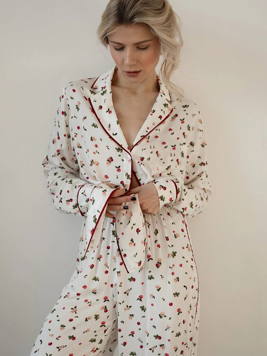 Marthaqiqi Casual Female Sleepwear 2 Piece Suit Turn-Down Collar Nightwear Long Sleeve Nightgowns Pants Loose Home Clothes Women