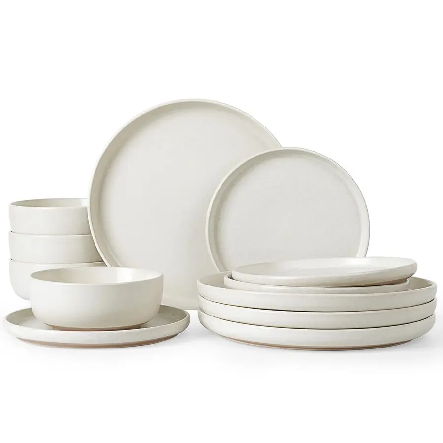 

Milkyway Plates and Bowls Sets, 12 Pieces Dinnerware Sets, Reactive Glaze Dish Set, Stoneware Dishes Set for 4, Matte Beige Whit