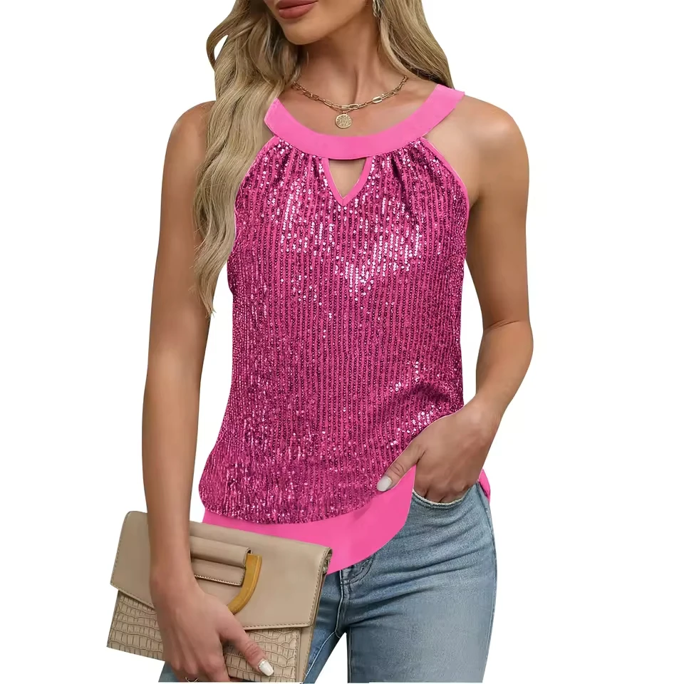 

Women Glitter Tops Halterneck Elegant Sequin Tank Top With Bow Tie Sleeveless Glitter Blouse Top Carnival Party Top Women