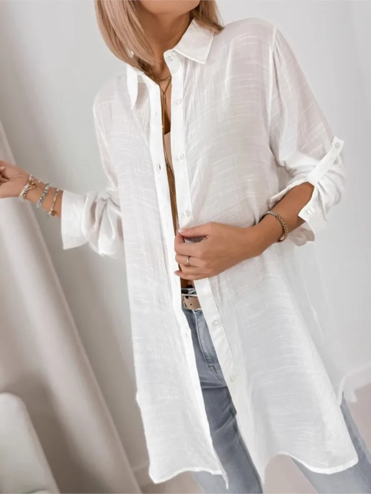 

New Women's Long Loose Casual Shirt Spring Summer Fashion Elegant Office White Holiday Party Top Shirt Womens Clothing